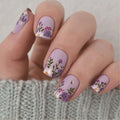 Short Press on Nails Square Fake Nails Purple Flower Bee Design Full Cover Acrylic Nails Press ons Purple Floral False Nails Cute Spring Summer Artificial Stick on Nails for Women Girls 24 Pcs