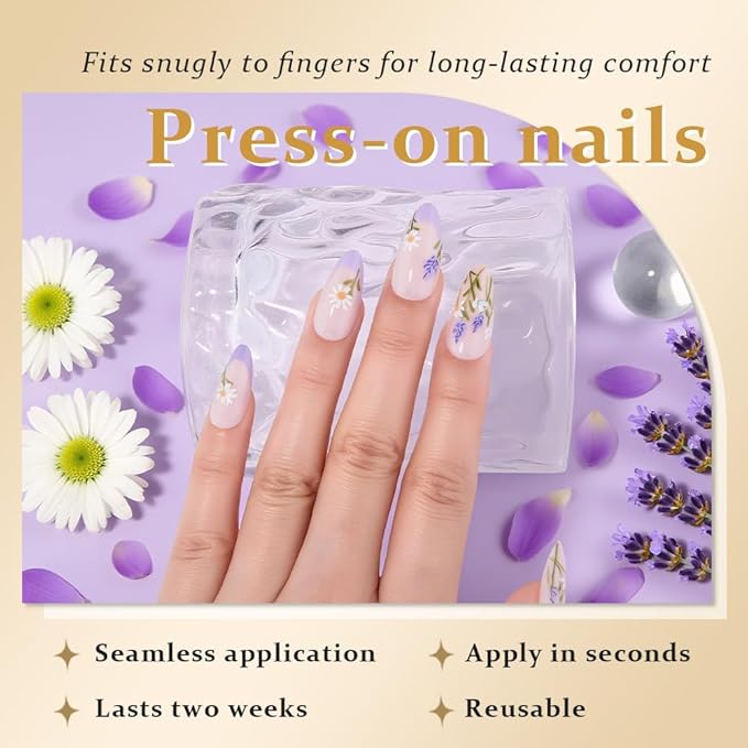 evpct Nude Pink Press on Nails Medium Almond with Lavender Flower Design, Full Cover Fake Nails Reusable Perfect Fit Nail Kit with Gel, Gel Stick on French Floral Nail for Women Manicure, 24Pcs