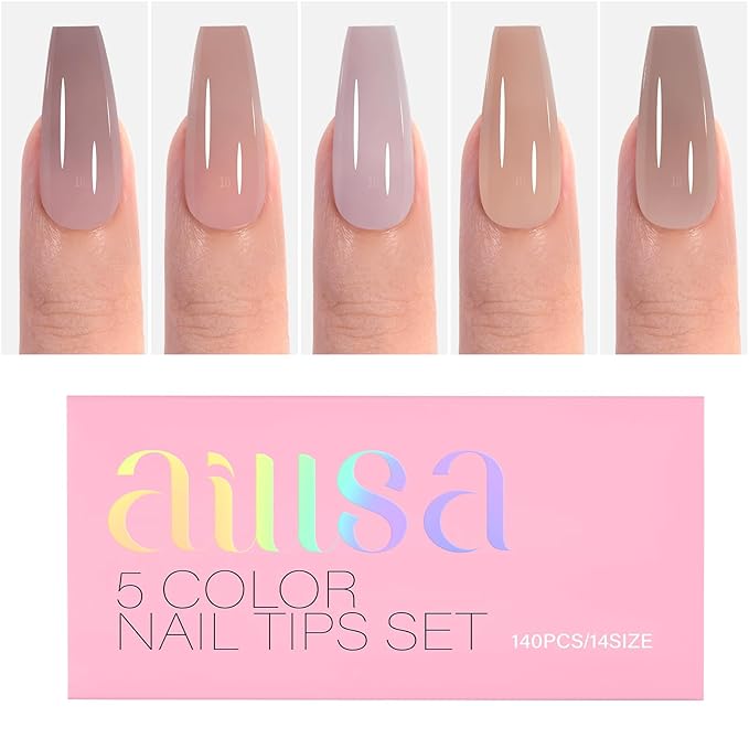 AILLSA RealFit Nude Tone Mixed Color Press On Nails 4 in 1 Pre-Shaped Nail Tips Medium Coffin Full Cover Fake Nails Extension Natural Gel Tips Easy to Apply For Nail Art DIY 140 PCS