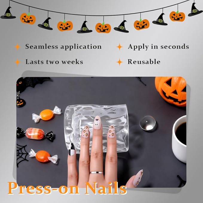 Cute Halloween Press on Nails Short Almond with 3D Ghost Pumpkin Design, Nude Pink Glossy Artificial Acrylic Fake Nails Reusable with Kit, Perfectly Fit Full Cover Stick on False Nail for Women Girl