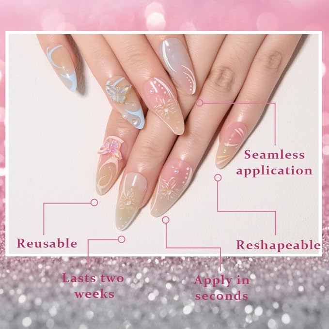 3D Press on Nails Medium Almond with Streamline Floral Design, Nude Pink Blue Ombre Nail Press ons Glossy Stick on Nails for Women Reusable with Kit, Stick on Cute Fake Nail with Designs Perfectly Fit