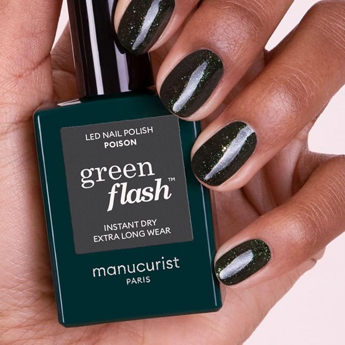 Manucurist Green Flash LED Poison Green Glitter Gel Nail Polish - Vegan, 12-Free, Plant-Based - Strengthens and Protects the Nail - Gel Polish - Made in France - 0.5 fl oz