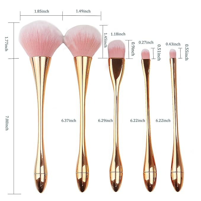 WOKOTO 5pcs Gold Nail Dust Brushes For Acrylic Nails Art Cleaning Brushes Kit Hourglass-Shaped Makeup Brushes Highlighter Brush Loose Powder Eyeshadow Foundation Blush Brushes Dust Nail Brushes Set