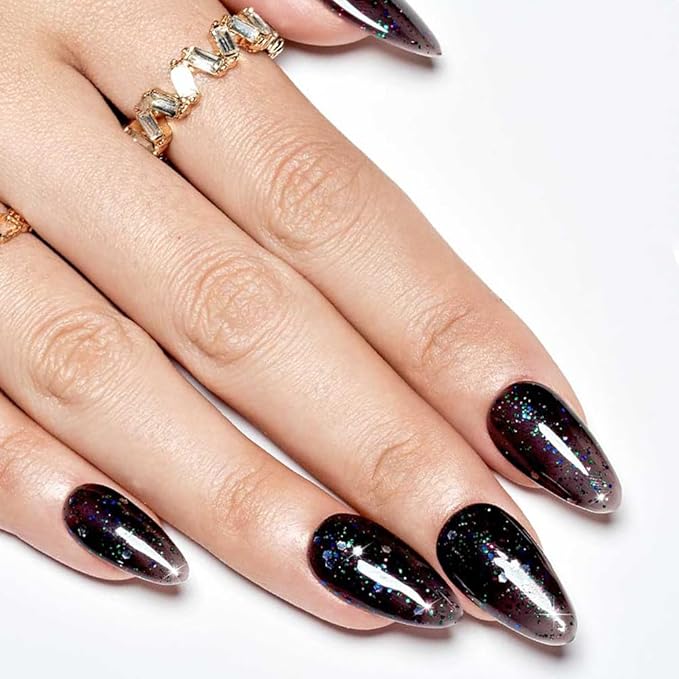 GLAMERMAID Glitter Black Press on Nails Medium Almond, Handmade Glossy Jelly Soft Gel Glue on Nails Stiletto, Galaxy Shrimmer Fake Nails Short Oval, Reusable Acrylic Stick on False Nails Kit for Women