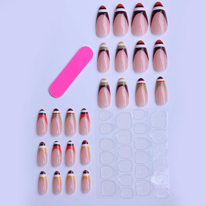 Striped French Press on Nails Medium Almond Fake Nails Fall Winter Nails Press ons with Design,Full Cover Stick on Nails for Women Manicure,Reusable | Artificial | Easy Apply | 24Pcs