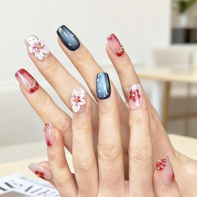 Handmade Press on Nails ，Medium Coffin Nails - 10PCS Glossy short Coffee False Nails with 3D Flower Metallic Embellishments | Reusable Acrylic Nail Set | Salon Quality Nail Art Kit.(M-10PCS)