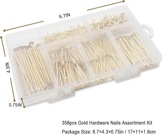 6 Sizes Gold Hardware Nails Assortment Kit, 358pcs, Brass Plated, Nails for Hanging Pictures, Finishing Nails, Wood Nails, Wall Nails for Hanging (3”, 2”, 1-1/2”, 1-1/4", 1”, 3/4")