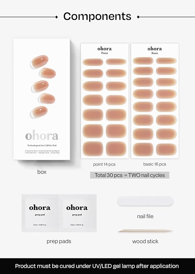 ohora Semi Cured Gel Nail Strips (N Sienna Veil) - Works with Any Lamps, Salon-Quality, Long Lasting, Easy to Apply & Remove - Includes 2 Prep Pads, Nail File & Wooden Stick