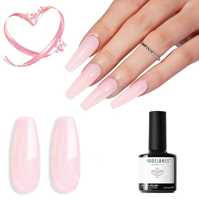 modelones Pink Gel Polish Pastel Pink Glitter Gel Nail Polish Soak-Off UV Gel Polish - 28+ Days Long-Lasting Salon-Quality Nail Art DIY Manicure & Gift 15ML