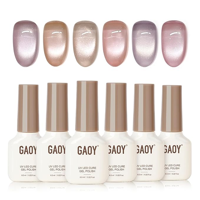 GAOY Peach Blossom Cat Eye Gel Polish, Sheer Nude Pink Base with Glass Bead Holography, Magnetic DIY Nail Kit Salon Quality at Home