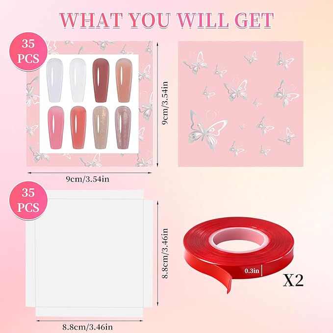 ANGNYA 72PCS Empty Press On Nail Packaging Box Contains 35PCS Butterfly Press On Nail Boxes, 35PCS White Display Cards, 2PCS Double Sided Tapes, Nail Tip Storage Case for Press-on Nail Business