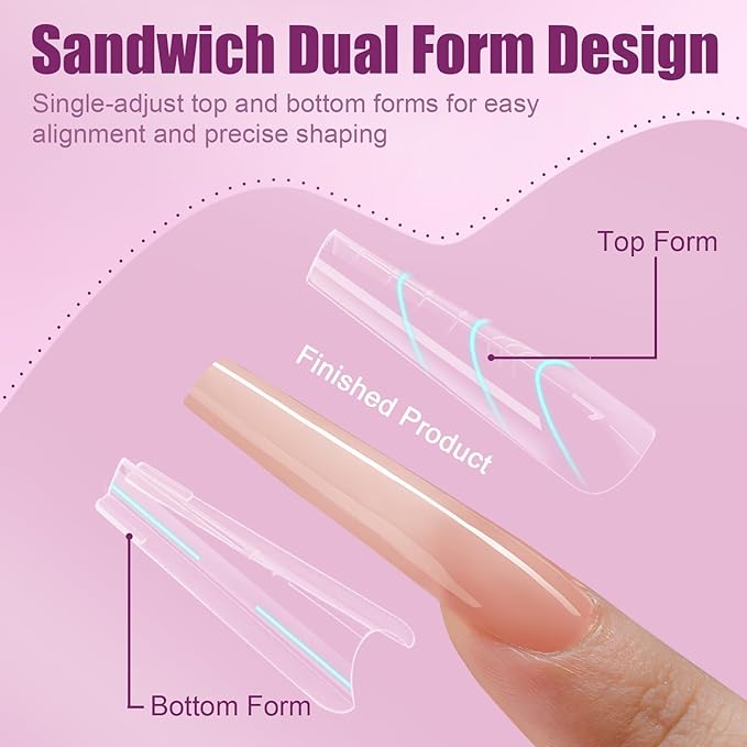 280 Pcs Original Sandwich Nails Dual Form with Guide Lines Long Slim Coffin Nail Mold for Builder Gel Nail Extensions Art Design Salon DIY at Home