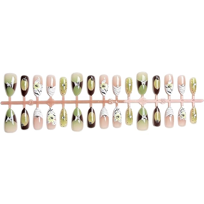 St. Patrick’s Day 30Pcs Handmade Press on Nails Almond Fake Nails Fluorescent Green False Nails with 3D Gradient Flower Butterfly Rhinestone Glossy on Nail Full Cover Press Ons Nail for Women Manicure