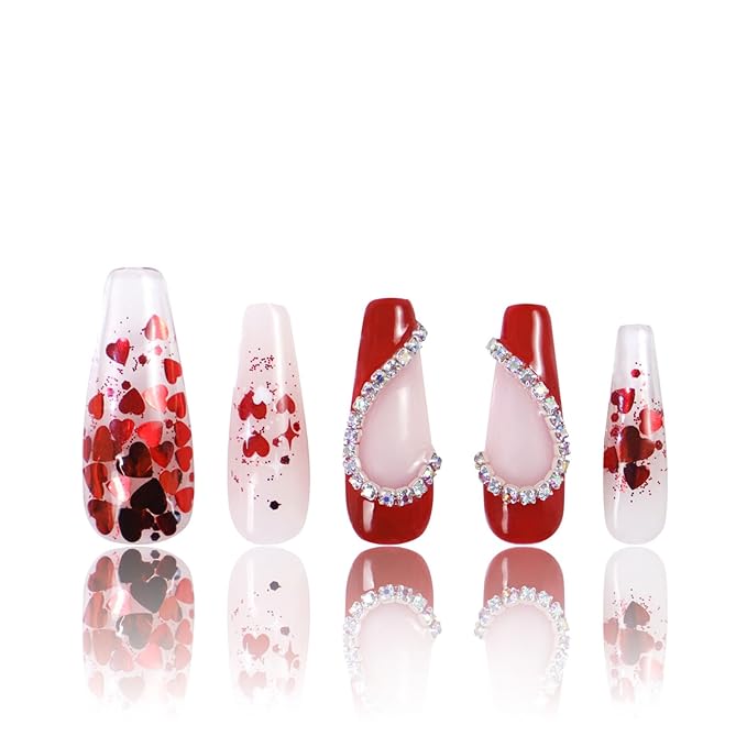 LOVFUL Press on Nails Valentine's Day Exclusive | Handmade with Full Covered Crystals | Reusable Full Cover Nails | Coffin Classic Regular 1.3 in | H154-M