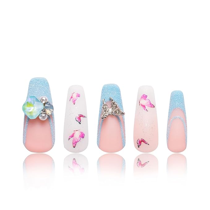 LOVFUL Press on Nails Sky Dance French Tip | Handmade with Full Covered Crystals | Reusable Full Cover Nails | Coffin Classic Regular 1.3 in | H282-M
