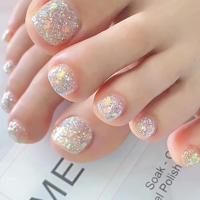 26 Pcs Semi Cured Gel Toe Nail Strips Silver Glitter Gel Nail Stickers Full Cover Clear Nails Wraps Self Adhesive Toe Nails Polish Strips Stickers for Women UV/LED Light Required