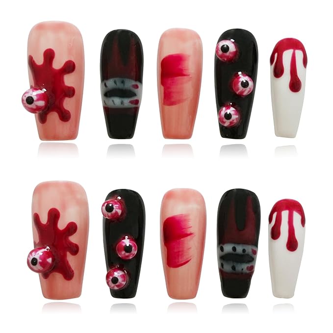 Y2K Press on Nails Long Coffin Nails 3D Eyeballs Blood Drops Design, Multi-Layer Gel Acrylic Nails for Parties (Vampire Eyes,S)