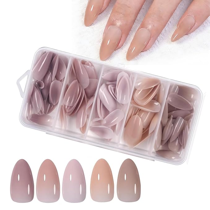 Misscheering Medium Almond Shape 140 Pcs 5 Colors Gradient Nude Press On Nails, Soft Gel Full Cover Fake Nails Kit, All-in-One Structure Technology Long-Lasting 28-Day Wear, Chip-Resistant & No Fade