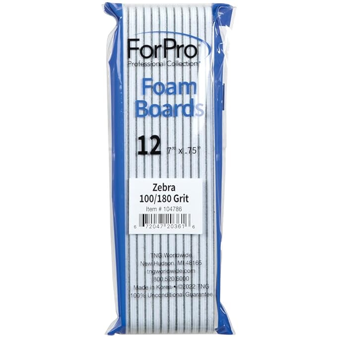 ForPro Professional Collection Nail Foam Boards, Zebra, 100/180 Grit, Double-Sided Manicure and Pedicure Nail Files, 7” L x .75” W, 12-Count