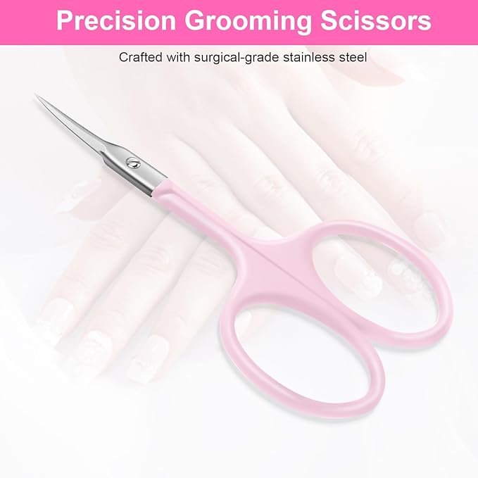 CGBE Manicure Scissors, Extra Fine Eyebrow Scissors for Grooming, Curved Blade Nail Scissors Precise Pointed Tip Grooming Kit for Eyebrow, Eyelash, Trim Nail and Dry Skin, Pink