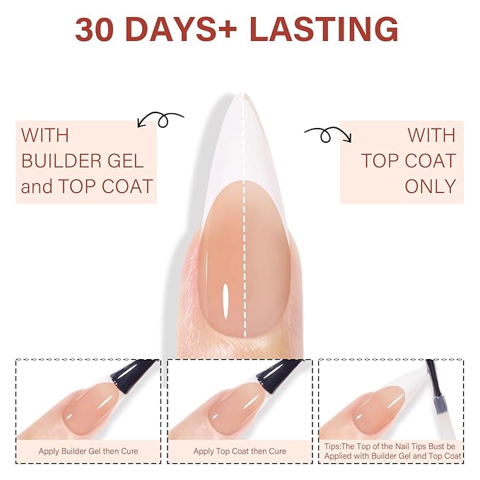 AILLSA French Gel Nail Tips, 180 Pcs French Tip Press On Nails Long Almond Brown, Pre-Applied Primer & Base Coat, No Need File, Long Almond Nails Tips, Fake Nails for Nail Art DIY 15 Sizes