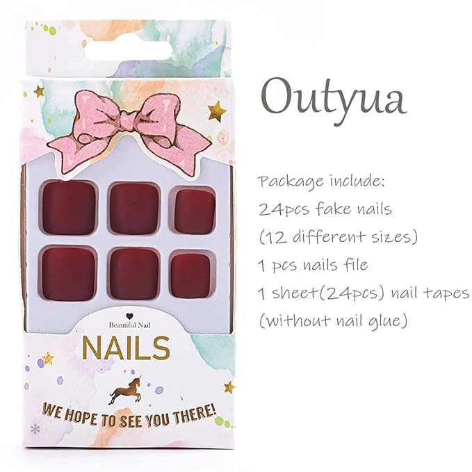 Solid Square Fake Toenails matte Press on Toe Nails Short Acrylic False Toes Nails Artificial Beach Full Cover Toenail for Women 24 Pcs (Wine Red)