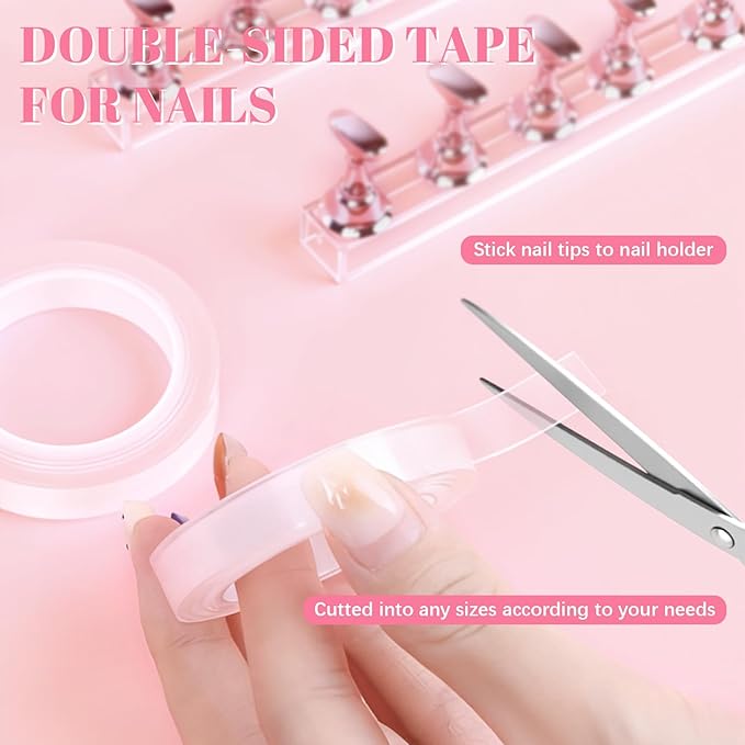 JUSTOTRY 2 Sets Pink Nail Painting Practice Stand With 1M Double-sided Tape Acrylic Fake Nail Art Holder For Press Ons Magnetic Nail Display Design Tools Kit Accessories For Home Diy Salon Supplies