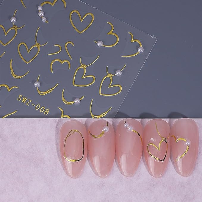 Gold Nail Stickers 5D Embossed Gold Hearts Nail Decals 3D Self Adhesive Key Nail Art Stickers Bow Love Nails Designs Lines Nails Supplies for Women DIY Manicure 3 Sheets