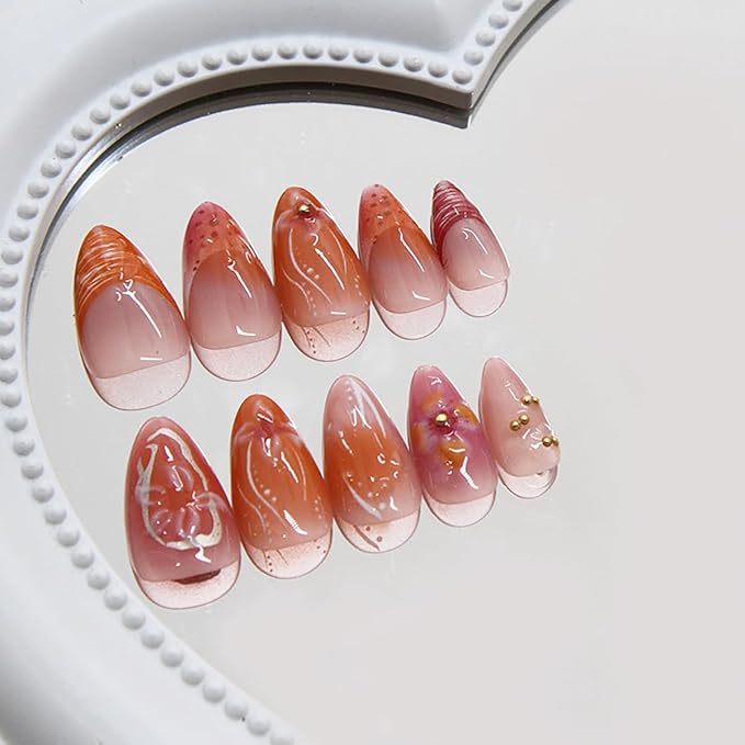 30Pcs Medium Almond French Tip Fake Nails with 3D Pink Flower Design, Glossy Pink Yellow Gradient, Acrylic, Full Cover, 24 Pcs