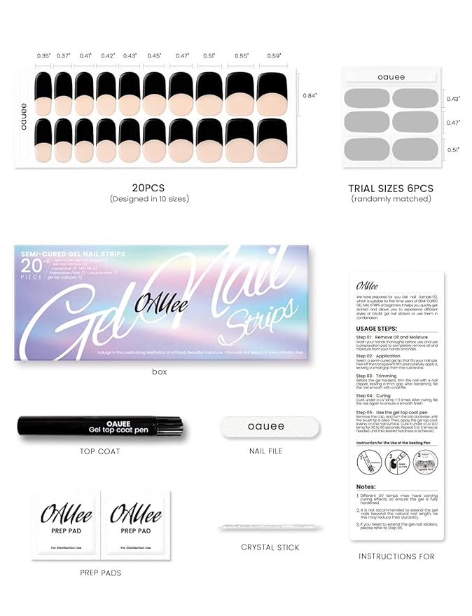 Semi Cured Gel Nail Strips | Built-In Gel Top Coat | UV Light Required | Salon Quality, Easy Application And Removal (Black French)