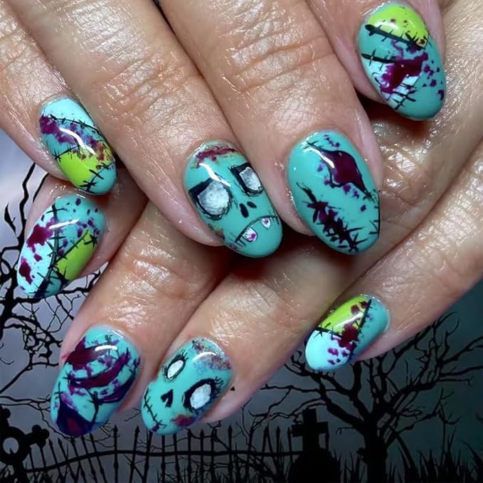 2 Packs 48Pcs Halloween Press on Nails Short Almond Fake Nails Cute Ghost Acrylic Nails with Horror Yellow Flowers Designs Oval Glue on Nails for Women Manicure Decoration