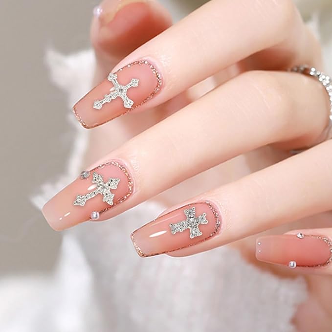 3D Cross Nail Charms for Nail Art, 60 Pcs Metal Crystal Cross Nail Decorations, Alloy Nail Studs and Rhinestones for Women Girl DIY Jewelry Crafts Supplies (Silver)