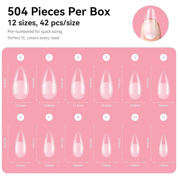 Makartt Almond Nail Tips: 500pcs Medium Pre-buffed Full Cover Clear Press on Nails 10 Sizes Soak Off Soft Gel Nail Tips Extension Professional Acrylic Fake Nails No Crease False Nail Salon DIY Art