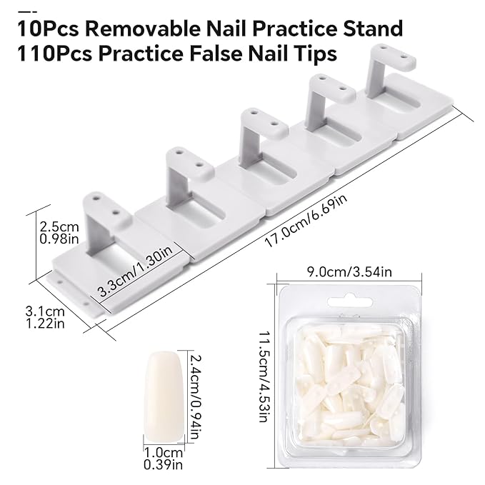 10PCS Plastic Nail Display Stands with Holes Nail Training Frame with 110Pcs Practice Nail Tips, Spliced Stand for Gel Nail Polish DIY Nail Practice Display Tool, Grey
