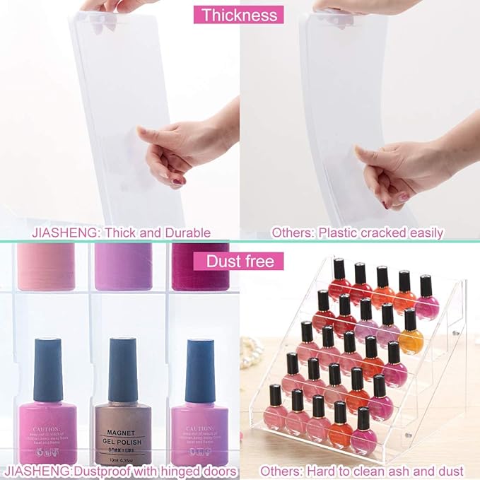 JIASHENG Two Nail Polish Organizer Case Holders, 48 Bottles Universal Nail Storage Box for Double Side Adjustable Space Divider for Acrylic Nail Gel Dip Powder Tips Set with Two Toe Separator