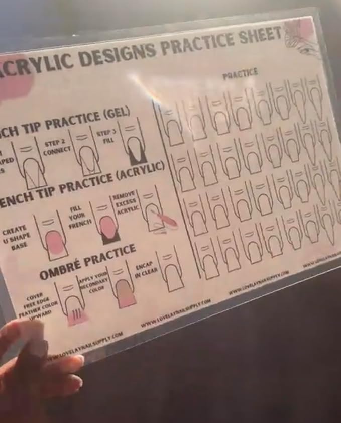 Gel & Acrylic Nail art Practice Sheet,Reusable Nail Art Training mat DIY Sticker Stencil Guide French Tip stiletto Nail Sculpting 3D Nail Design Worksheet Nail Tech Practice Gel X acrylic nails (5)