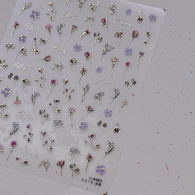 2Sheets Valentine's Day Floral Nail Art Stickers, Metallic Golden Leaves Dried Flowers Design Nail Decals