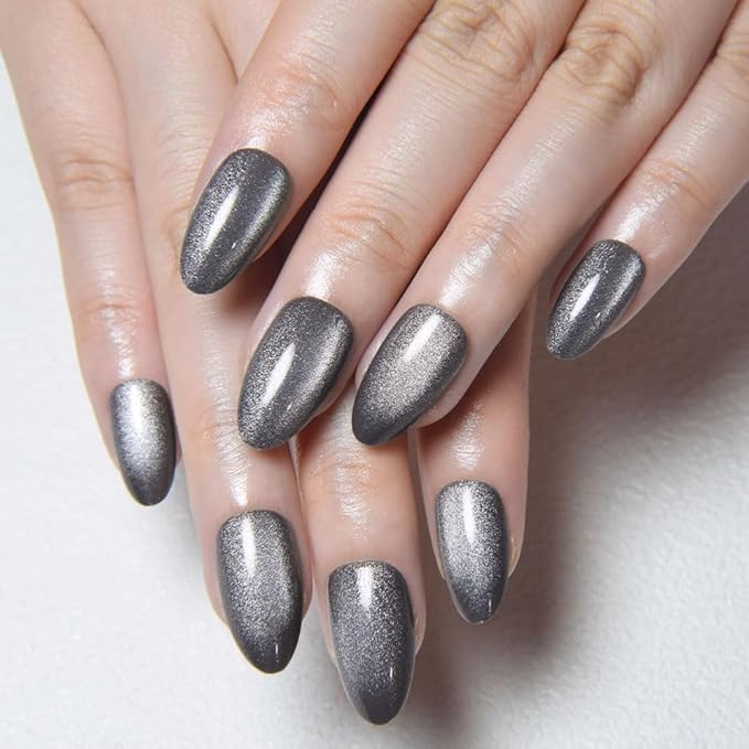 evpct Cat Eye Silver Press on Nails Almond Short, Silver Metal Short Almond Soft Gel Press on Nails with Nail Kit, Fit Perfectly, 30Pcs Reusable Acrylic Fake Press-on Nail Polish Kit for Women Gift