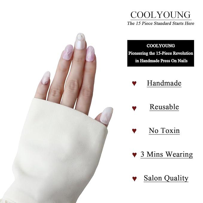 Handmade Press On Nails Short Almond Press On Nails Acrylic Nails For Women COOLYOUNG False Nails, 15 PSC, Size S