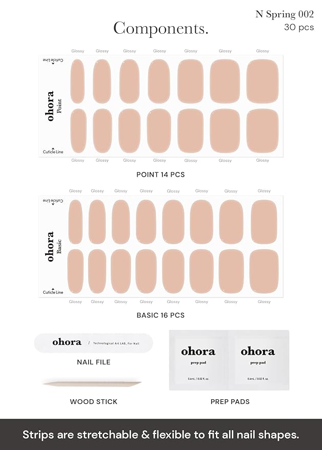 ohora Semi Cured Gel Nail Strips (N Bare Peach) - Works with Any UV/LED Lamps, Salon-Quality, Long Lasting, Easy to Apply & Remove - Includes 2 Prep Pads, Nail File & Wooden Stick