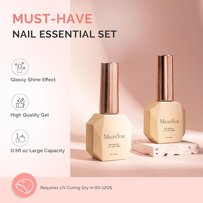 MelodySusie 2PCS 15ML Clear Nude Pink Builder Nail Base Gel for Nails Thickening,Soak Off UV Extension Gel,Rhinestone Glue in a Bottle for Nail Art Design Gift for Women Salon DIY Manicure at Home