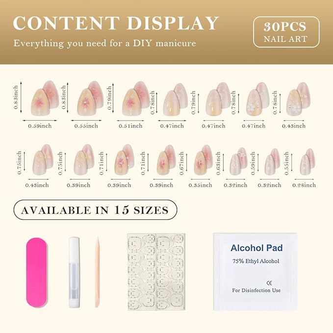 evpct 3D Nude Pink Handmade Press On Nails Almond Short, 3D Flower Shell Design Fake Nails Rusable for Spring & Summer Daily Wear, False Acrylic Nail with Kits Press ons Nail for Women Gift, 30Pcs