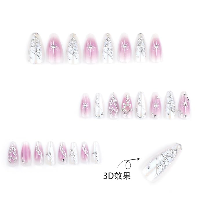 Almond Press on Nails Medium Length Fake Nails with 3D Butterfly Designs Purple Gradient False Nails Full Cover Glue on Nails Sliver Stripe Fake Nails for Women and Girls 24Pcs