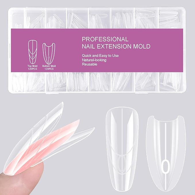 Sandwich Nails Dual Forms 240Pcs Oval Shape, Dual Nail Extension Forms with 15 Sizes, Reusable Plastic Nail Mold for Builder Gel & Poly Gel, No Paper Forms Needed, Salon & Home DIY Nail Art