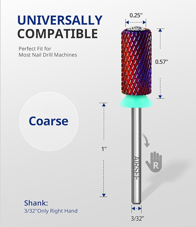 AIRSEE Tungsten Carbide Acrylic Nail Drill Bit Super Cut Bit Efile Electric File Machine Head Tip for Manicure Polishing Art Remove Gel Professional 3/32" Beginner Safety Crystal Top Barrel Coarse