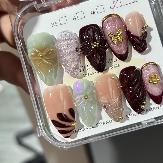 Handmade 3D French Art Press On Nails for Women - Reusable Medium Almond False Nails, 10PCS ABS Artificial Fingernails with Nail Tip Design for Salon & Home Use （Size L）