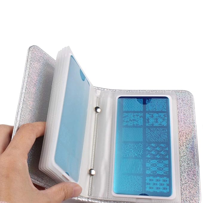 20Slots Nail Stamping Plate Case Holographic Nail Art Image Holder Rainbow Laser Design Rectangular Nail Art Plate Organizer For Large Size 6X12CM Nail Art Plates (Silver)