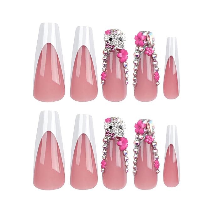 24Pcs Christmas Artifical Acrylic Nails - Reusable Coffin Gold Sequins Charm Rhinestone Design Square Fake Nails Gradient Full Cover Glue on Nails for Women