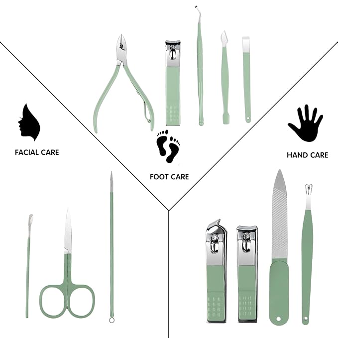 Nail Kit, Manicure Kit, Nail Care Kit for Women, Manicure Pedicure Set, Nail Clippers Toenail Clippers Kit, Professional Manicure Kit Pedicure Kit, Green Travel Case, Set of 12.