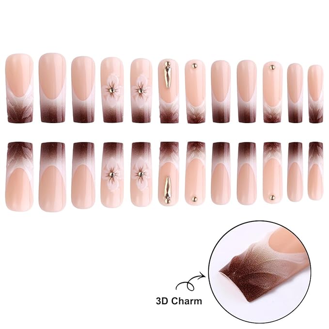 Square Press on Nails Long Ombre Brown Fake Nail3D Flowers Charm Acrylic Nail Press ons with Embossed and Rhinestones Design Stick on Nails for Women 24pcs